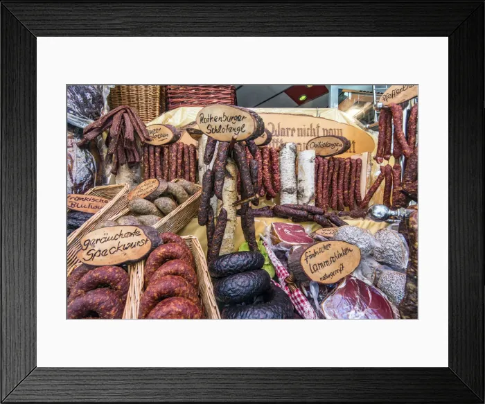 Framed Print : Typical German sausages on display in a butcher shop, Rothenburg ob der Tauber, Bavaria