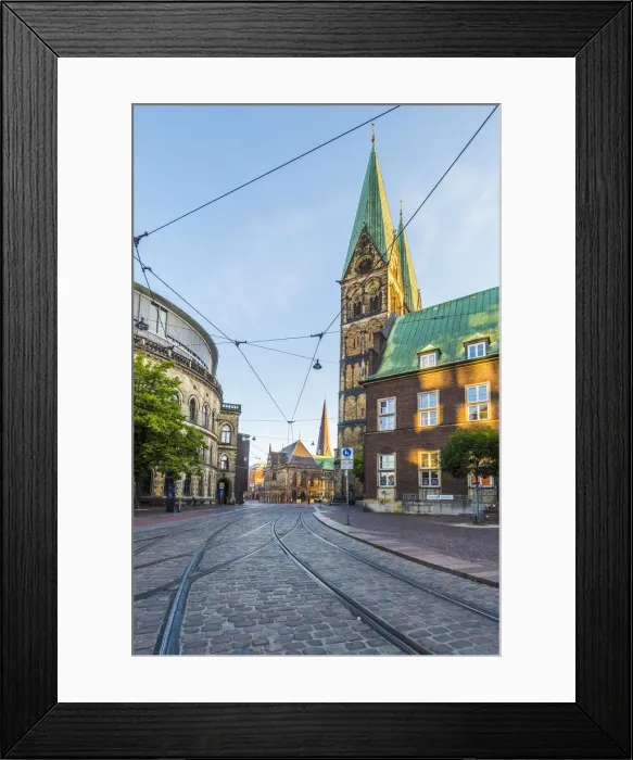 Framed Print : Bremen, Bremen State, Germany. Old towns tram rails and St. Peters cathedral Framed Print : Bremen, Bremen State, Germany. Old towns tram rails and St. Peters cathedral