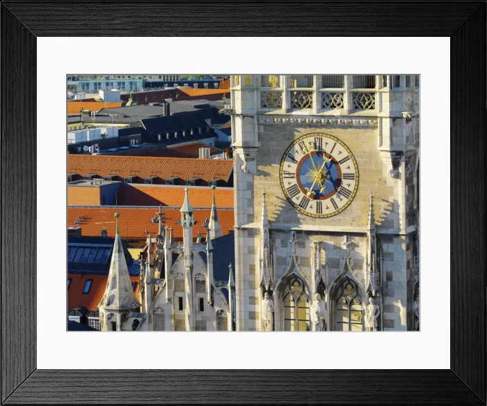 Framed Print : Germany, Bavaria; Munich; Marienplatz; Close-up of clock on Town hall (Rathaus) Framed Print : Germany, Bavaria; Munich; Marienplatz; Close-up of clock on Town hall (Rathaus)
