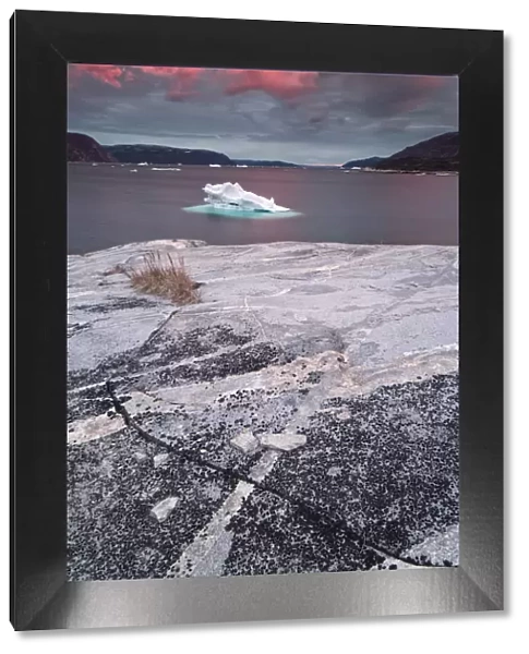 Greenland, DiskoBay, Pink clouds above iceberg in the sea in front of Ataa a small