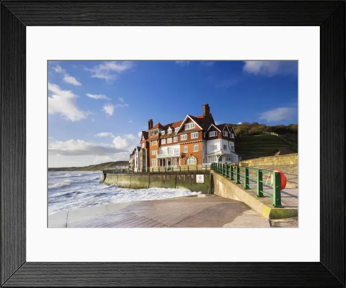 Framed Print : United Kingdom, England, North Yorkshire, Sandsend. Rough seas outside the Sandsend Hotel Framed Print : United Kingdom, England, North Yorkshire, Sandsend. Rough seas outside the Sandsend Hotel