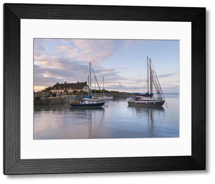Framed Print : Yachts in Porlock Weir harbour at sunset, Exmoor, Somerset, England. Summer (July) Framed Print : Yachts in Porlock Weir harbour at sunset, Exmoor, Somerset, England. Summer (July)