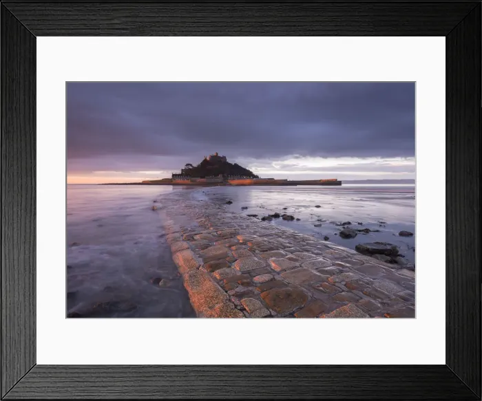 Framed Print : St Michaels Mount and the Causeway at dawn, Marazion, Cornwall, England. Winter Framed Print : St Michaels Mount and the Causeway at dawn, Marazion, Cornwall, England. Winter
