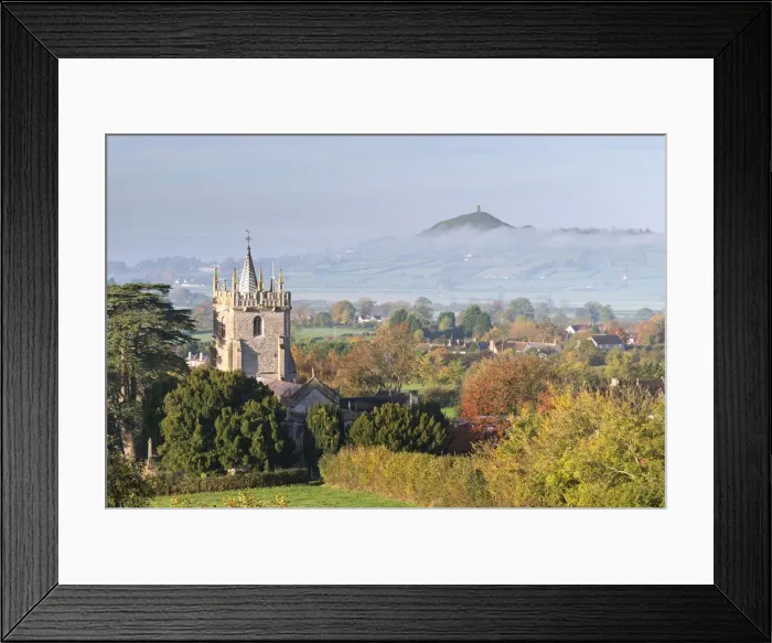 Framed Print : Glastonbury Tor and West Pennard Church on a misty autumn morning, Somerset, England Framed Print : Glastonbury Tor and West Pennard Church on a misty autumn morning, Somerset, England