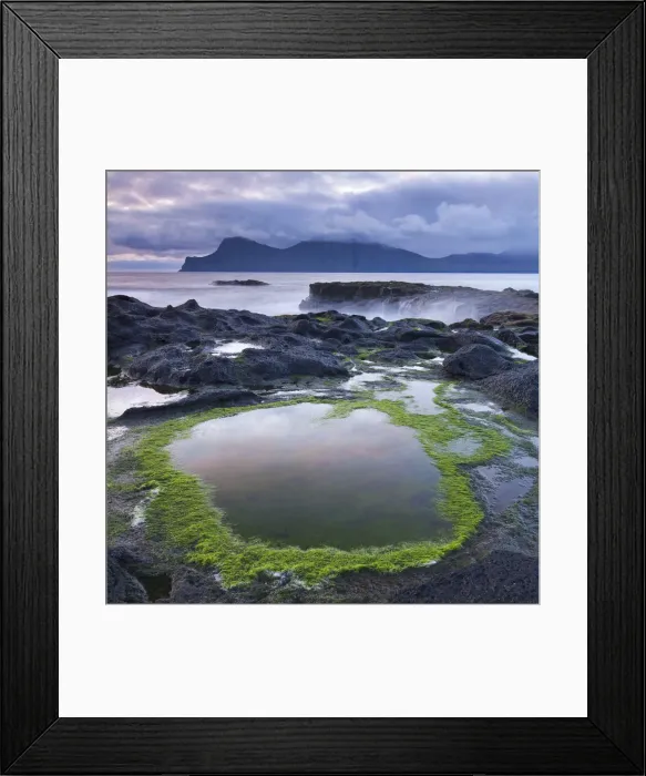 Framed Print : Rockpools on the shores of Gjogv on Eysturoy, looking towards the mountainous island Framed Print : Rockpools on the shores of Gjogv on Eysturoy, looking towards the mountainous island