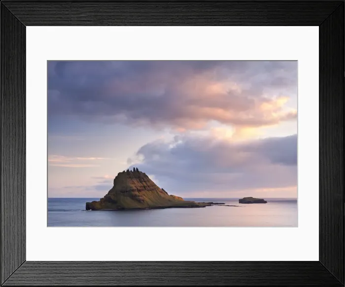 Framed Print : The islet of Tindholmur at the mouth of Sorvagsfjordur, Vagar Island, Faroe Islands