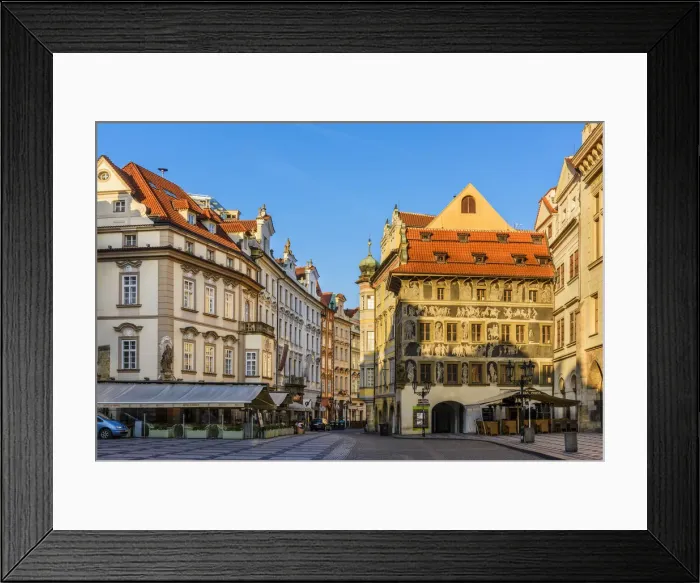 Framed Print : Old Town Square or Staromestske Namesti with the painted facade of House At The Minute Framed Print : Old Town Square or Staromestske Namesti with the painted facade of House At The Minute
