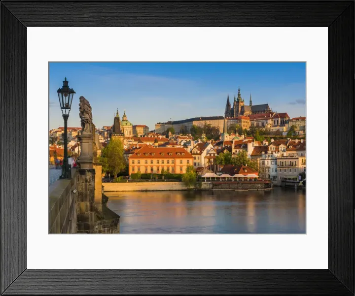 Framed Print : Morning view of Mala Strana district and St. Vitus cathedral from Charles Bridge, Prague