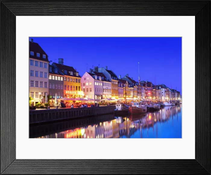 Framed Print : Europe, Denmark, Zealand, Copenhagen, a night time shot of colourful houses in Nyhavn Framed Print : Europe, Denmark, Zealand, Copenhagen, a night time shot of colourful houses in Nyhavn