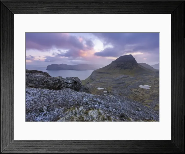 Framed Print : Sunset over the rugged mountains of Streymoy, Faroe Islands, Denmark, Europe. Summer Framed Print : Sunset over the rugged mountains of Streymoy, Faroe Islands, Denmark, Europe. Summer