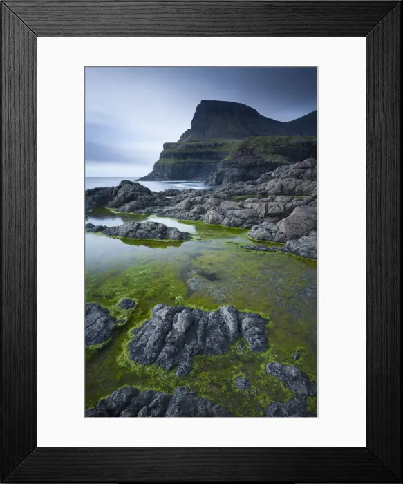 Framed Print : Algae lined rockpools on the coast at Gasadalur on the island of Vagar, Faroe Islands Framed Print : Algae lined rockpools on the coast at Gasadalur on the island of Vagar, Faroe Islands
