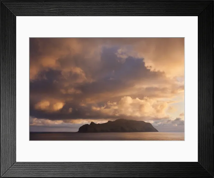 Framed Print : Spectacular sunset skies above the island of Mykines, Faroe Islands. Spring Framed Print : Spectacular sunset skies above the island of Mykines, Faroe Islands. Spring