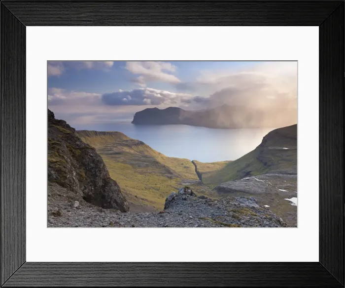 Framed Print : Looking towards the island of Vagar from the mountains of Streymoy in the Faroe Islands Framed Print : Looking towards the island of Vagar from the mountains of Streymoy in the Faroe Islands