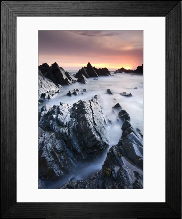 Framed Print : Rocky shores at Hartland Quay at sunset, North Devon, England. Spring (May) 2010