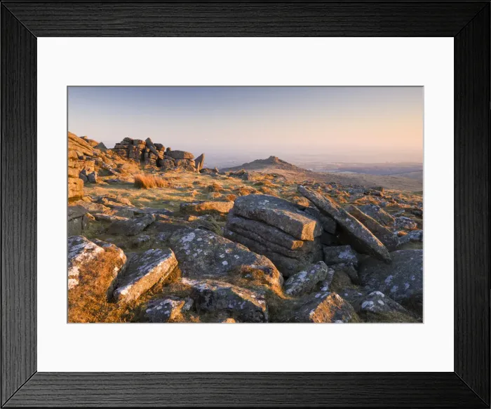 Framed Print : Broken granite rocks on Belstone Common at dawn, Dartmoor National Park, Devon, England Framed Print : Broken granite rocks on Belstone Common at dawn, Dartmoor National Park, Devon, England
