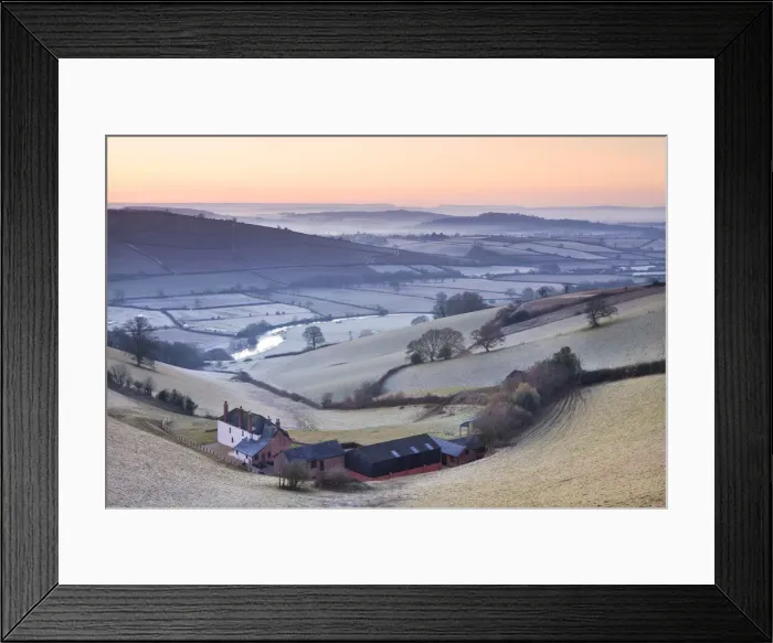 Framed Print : Frost coated countryside and farm buildings at sunrise, Exe Valley, Devon, England Framed Print : Frost coated countryside and farm buildings at sunrise, Exe Valley, Devon, England