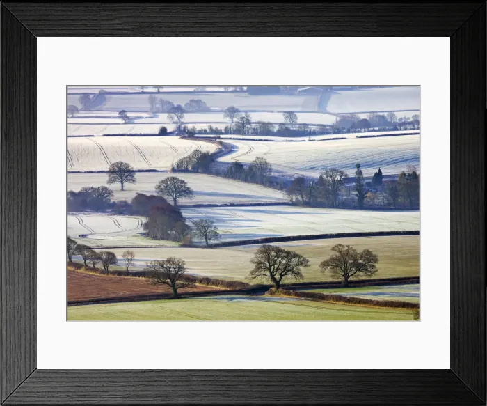 Framed Print : Frosted winter fields near Shobrooke, Devon, England. Winter (March) 2010