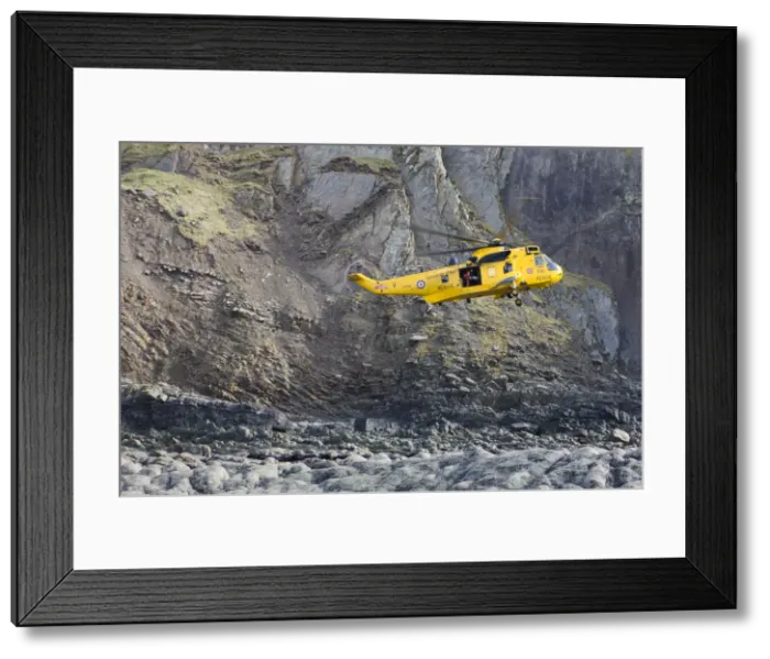 Framed Print : RAF helicopter performing a coastal rescue at the base of the steep cliffs of Spekes Framed Print : RAF helicopter performing a coastal rescue at the base of the steep cliffs of Spekes