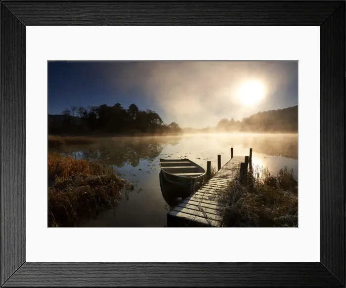 Framed Print : Boat & Jetty at Sunrise, Elterwater, Lake District National Park, Cumbria, England