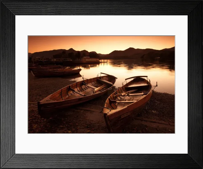 Framed Print : Row Boats along Derwent Water at Sunset, Lake District National Park, Cumbria, England Framed Print : Row Boats along Derwent Water at Sunset, Lake District National Park, Cumbria, England