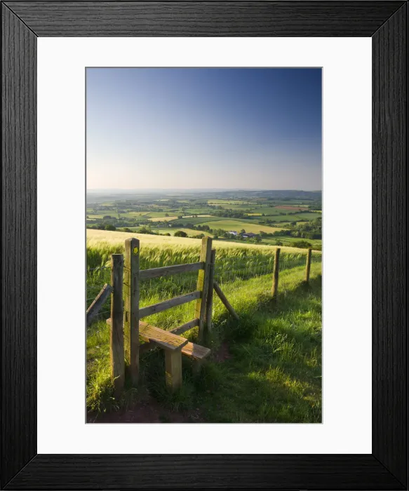 Framed Print : Footpath and style through fields, Raddon Hill, Mid Devon, England. Summer (July) 2009 Framed Print : Footpath and style through fields, Raddon Hill, Mid Devon, England. Summer (July) 2009