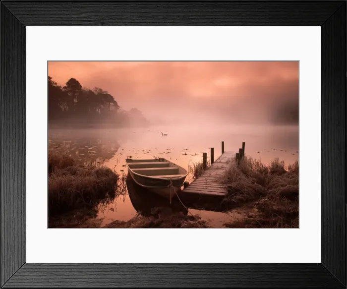 Framed Print : Boat & Jetty at Sunrise with Swan, Elterwater, Lake District National Park, Cumbria Framed Print : Boat & Jetty at Sunrise with Swan, Elterwater, Lake District National Park, Cumbria