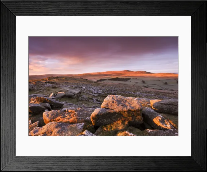 Framed Print : Sunrise over Belstone Tor, looking towards Yes Tor and High Willhays, the highest Framed Print : Sunrise over Belstone Tor, looking towards Yes Tor and High Willhays, the highest
