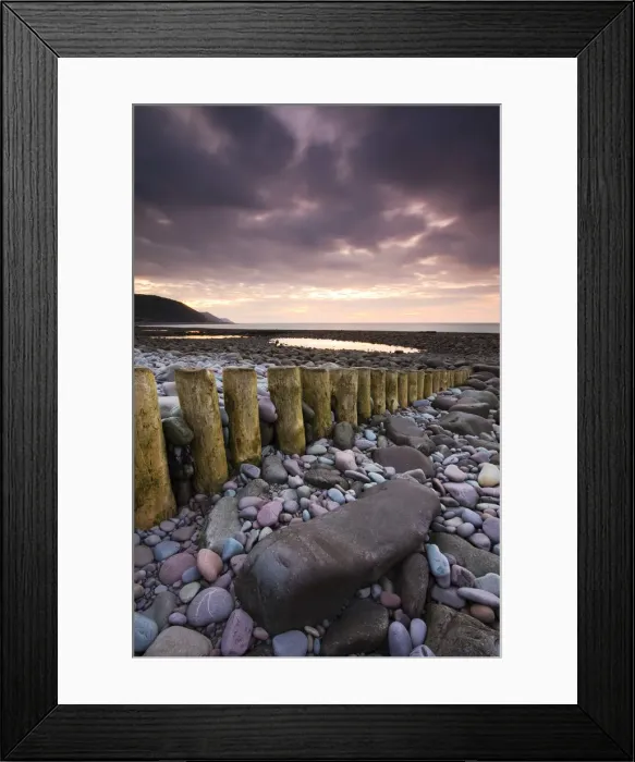 Framed Print : Low tide on Bossington Beach at sunset, Exmoor National Park, Somerset, England. Summer