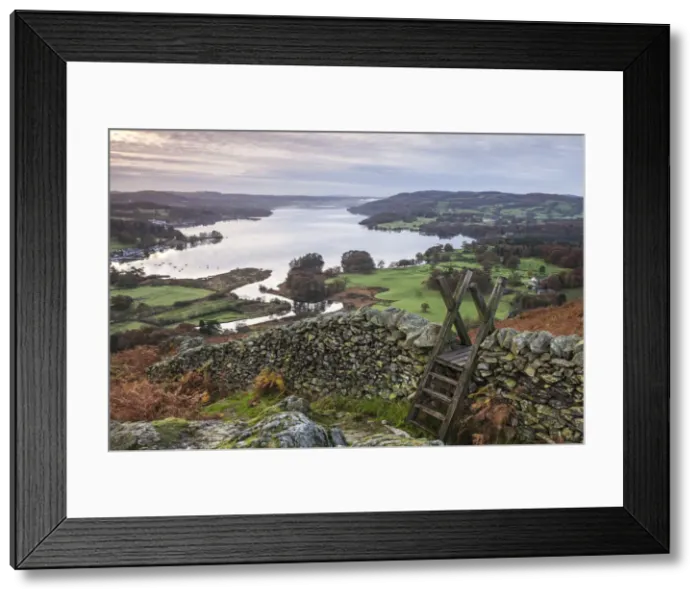 Framed Print : Dry stone wall and wooden stile above Lake Windermere, Lake District, Cumbria, England Framed Print : Dry stone wall and wooden stile above Lake Windermere, Lake District, Cumbria, England