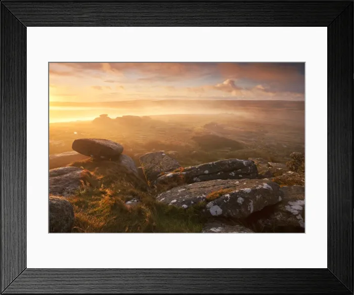 Framed Print : Sunrise over a misty moor viewed from Littaford Tor, Dartmoor, Devon, England. Autumn Framed Print : Sunrise over a misty moor viewed from Littaford Tor, Dartmoor, Devon, England. Autumn