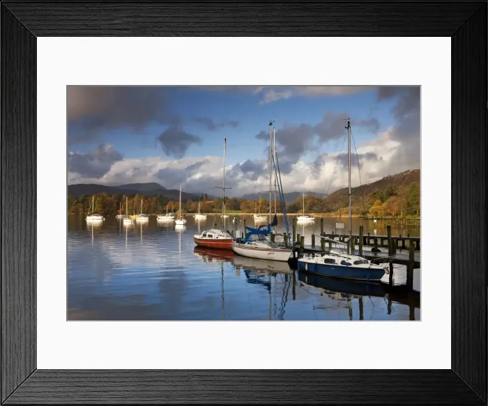 Framed Print : Yachts moored on Windermere at Waterhead, Lake District, Cumbria, England. Autumn Framed Print : Yachts moored on Windermere at Waterhead, Lake District, Cumbria, England. Autumn