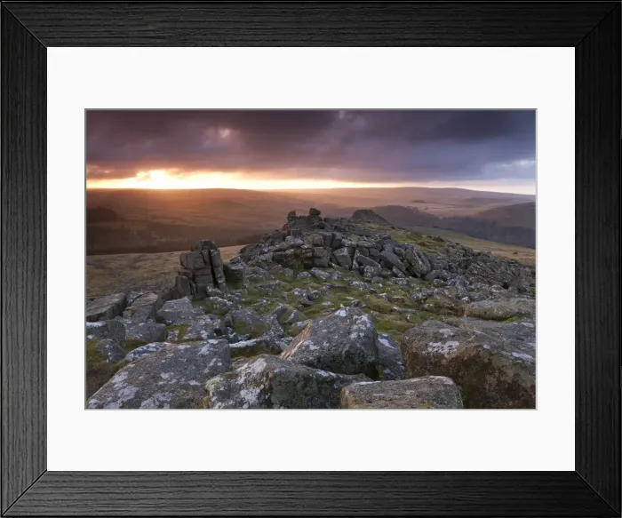 Framed Print : Winter sunrise viewed from Sharpitor, Dartmoor, Devon, England. Winter Framed Print : Winter sunrise viewed from Sharpitor, Dartmoor, Devon, England. Winter