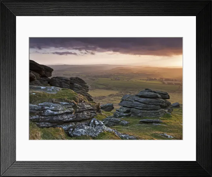 Framed Print : Evening sunlight over Devon countryside, viewed from Arms Tor, Dartmoor, Devon, England Framed Print : Evening sunlight over Devon countryside, viewed from Arms Tor, Dartmoor, Devon, England