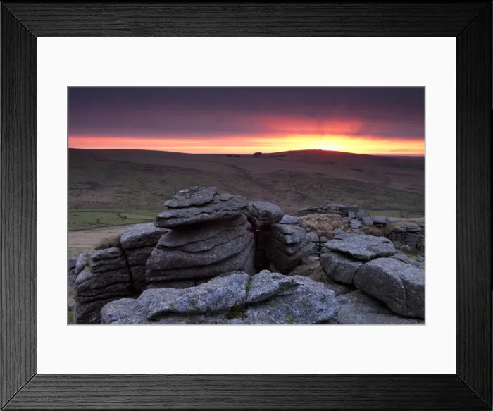 Framed Print : Sunrise over Great Staple Tor, Dartmoor, Devon, England. Winter Framed Print : Sunrise over Great Staple Tor, Dartmoor, Devon, England. Winter