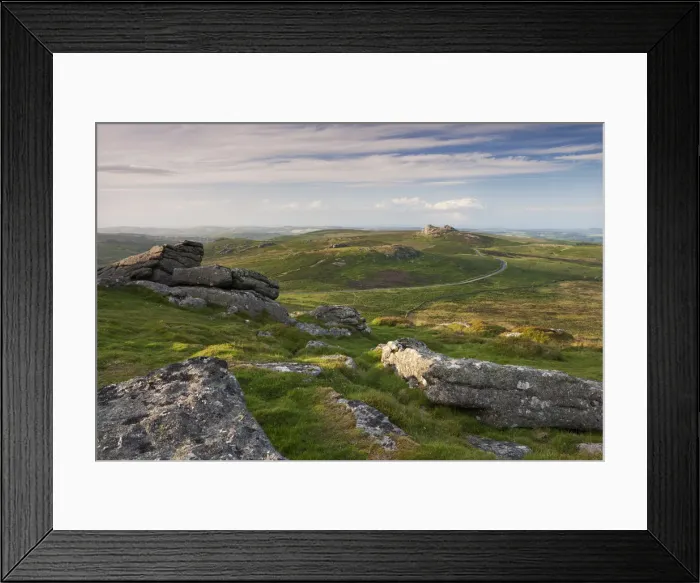 Framed Print : View towards Haytor and Saddle Tor from Rippon Tor, Dartmoor, Devon, England. Summer Framed Print : View towards Haytor and Saddle Tor from Rippon Tor, Dartmoor, Devon, England. Summer