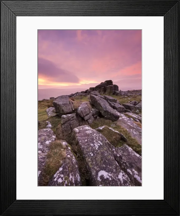 Framed Print : Intense fiery dawn sky above Belstone Tor, Dartmoor, Devon, England. Winter Framed Print : Intense fiery dawn sky above Belstone Tor, Dartmoor, Devon, England. Winter