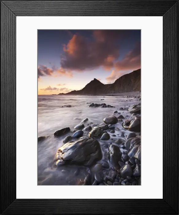 Framed Print : Sunset on the shoreline of Spekes Mill Mouth beach in North Devon, England Framed Print : Sunset on the shoreline of Spekes Mill Mouth beach in North Devon, England