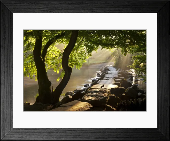 Framed Print : Misty Summer morning by Tarr Steps clapper bridge, Exmoor National Park, Somerset Framed Print : Misty Summer morning by Tarr Steps clapper bridge, Exmoor National Park, Somerset