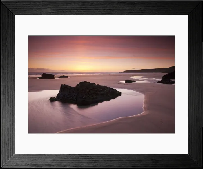 Framed Print : Rockpools on the sandy shores of Bedruthan Steps at sunset Cornwall, England. Spring Framed Print : Rockpools on the sandy shores of Bedruthan Steps at sunset Cornwall, England. Spring