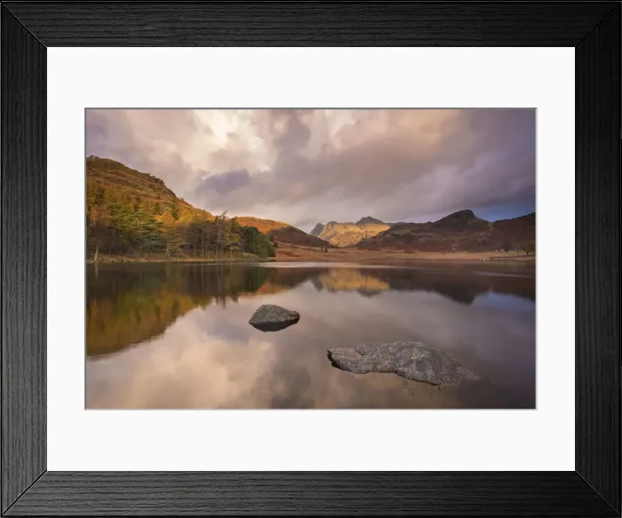 Framed Print : Dramatic sunrise light over Blea Tarn and the Langdale Pikes, Lake District, Cumbria Framed Print : Dramatic sunrise light over Blea Tarn and the Langdale Pikes, Lake District, Cumbria