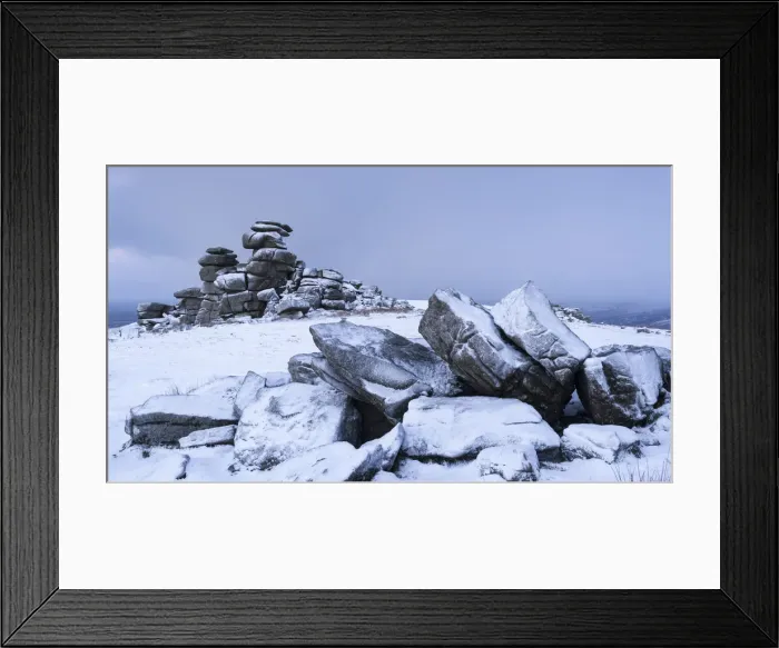 Framed Print : Snow covered granite rocks at Great Staple Tor, Dartmoor, Devon, England. Winter Framed Print : Snow covered granite rocks at Great Staple Tor, Dartmoor, Devon, England. Winter