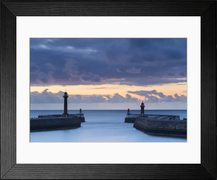 Framed Print : United Kingdom, England, North Yorkshire, Whitby. The Piers at dusk