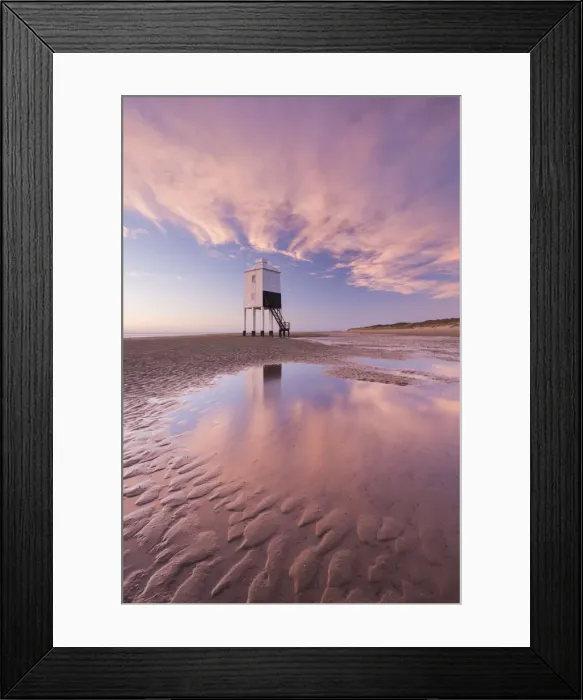 Framed Print : Wooden lighthouse and reflections on Burnham Beach at low tide, Burnham on Sea, Somerset Framed Print : Wooden lighthouse and reflections on Burnham Beach at low tide, Burnham on Sea, Somerset