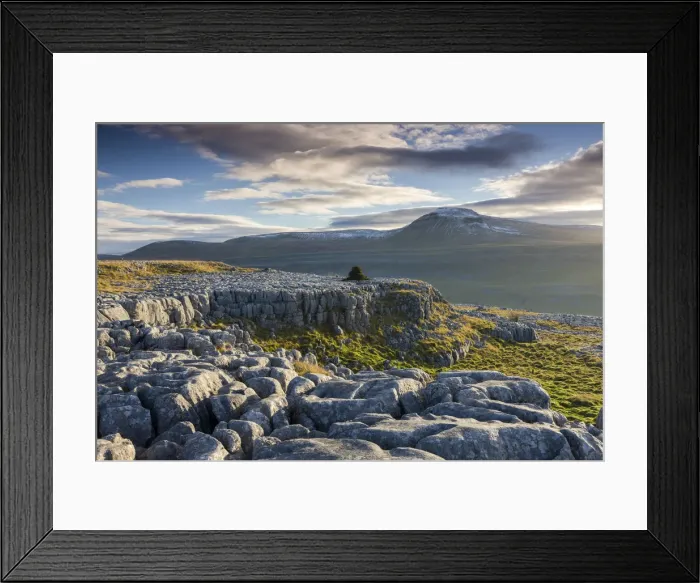 Framed Print : Ingleborough mountain from the limestone pavements on Twistleton Scar End, Yorkshire