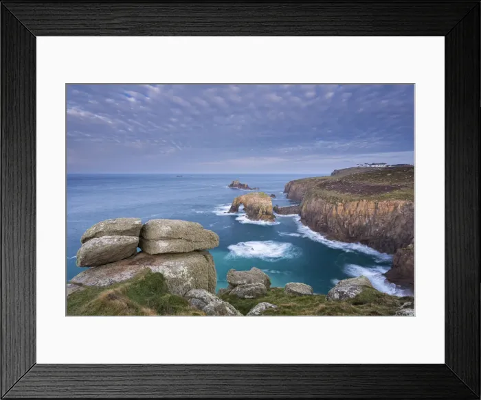 Framed Print : Dramatic coastal scenery at Lands End in West Cornwall, England. Winter Framed Print : Dramatic coastal scenery at Lands End in West Cornwall, England. Winter