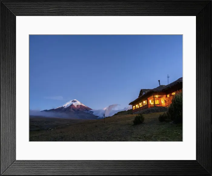 Framed Print : Tambopaxi Mountain Shelter and Cotopaxi Volcano at twilight, Cotopaxi National Park Framed Print : Tambopaxi Mountain Shelter and Cotopaxi Volcano at twilight, Cotopaxi National Park