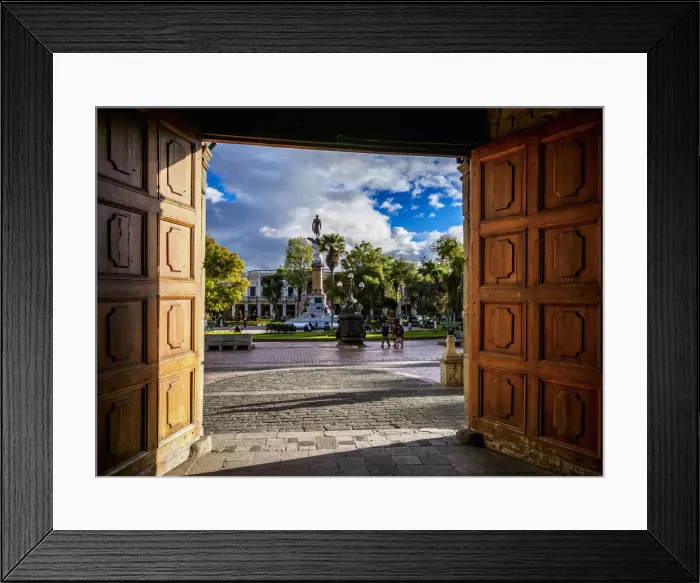 Framed Print : View through the entrance to San Pedro Cathedral towards Maldonado Park, Riobamba Framed Print : View through the entrance to San Pedro Cathedral towards Maldonado Park, Riobamba