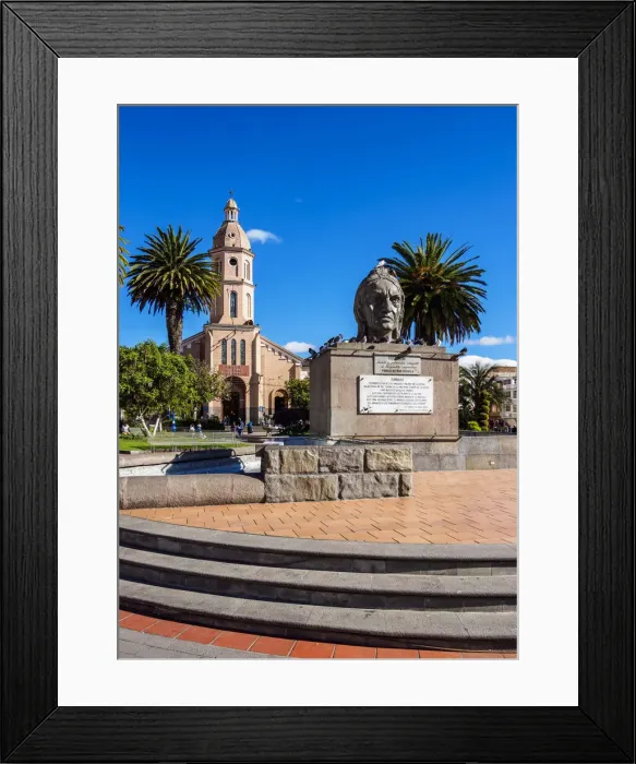 Framed Print : Ruminawi Monument and San Luis Church, Simon Bolivar Park, Otavalo, Imbabura Province Framed Print : Ruminawi Monument and San Luis Church, Simon Bolivar Park, Otavalo, Imbabura Province