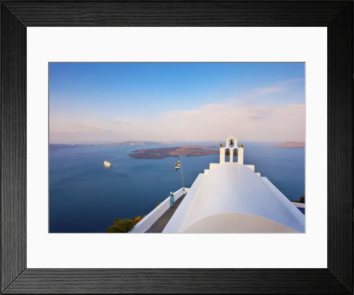 Framed Print : Greece, The Cyclades, Santorini (Thira), Imerovigli, Woman standing infront of white Framed Print : Greece, The Cyclades, Santorini (Thira), Imerovigli, Woman standing infront of white