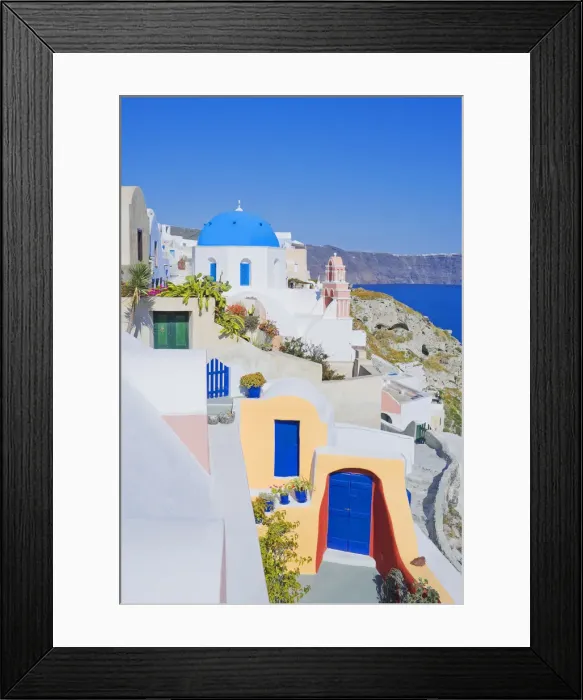Framed Print : Traditional houses and Orthodox church, Oia; Santorini, Cyclades Islands, Greece Framed Print : Traditional houses and Orthodox church, Oia; Santorini, Cyclades Islands, Greece